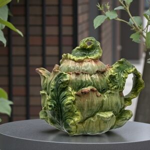 Vintage Kaldun & Bogle Cabbage Leaf Teapot Majolica-Style Ceramic Collectible